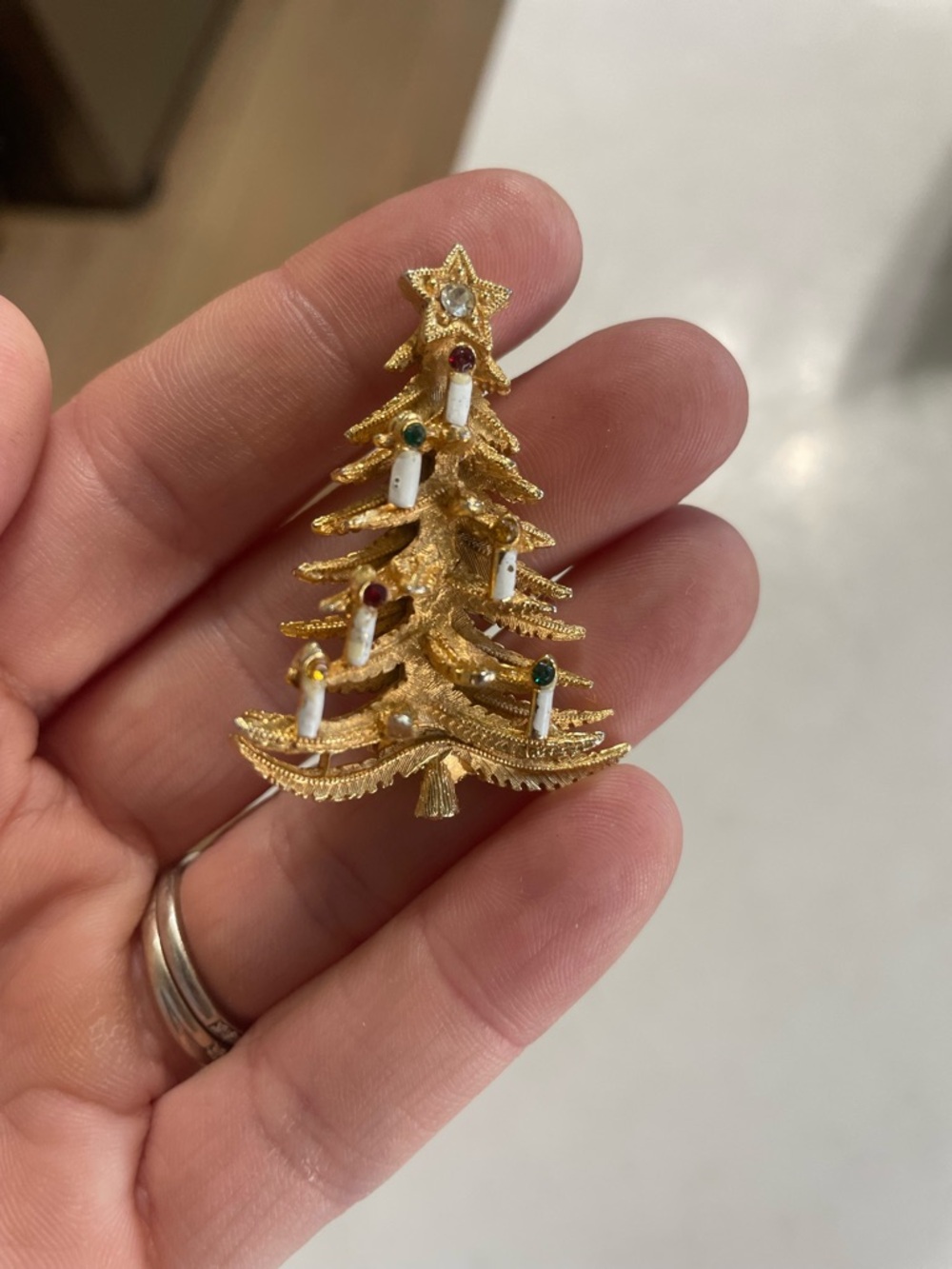 Vintage Christmas Tree Brooch with Candle Accents